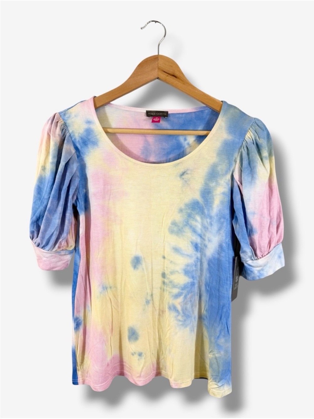 Vince Camuto Tie Dye T-Shirt XS Puff Sleeve Blue Pink Yellow Knit Casual Stretch